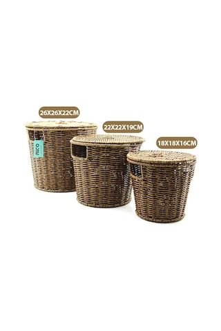 İbico İ22-337 Yuvarlak Hasır Organizer Sepet 3'lü Set - Metal İskeletli Kapaklı 22x22x18 Cm- 12'li Paket