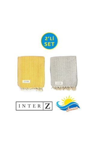 2'li Set Peştemal Plaj Havlusu , %100 Pamuk , Xxl 100x180cm, Marmaris, Bal Sarısı-gri