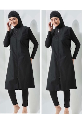 Seamay Allsea 3075 Siyah 2 Li Kollar Lycralı Tam Boy Tesettür Mayo