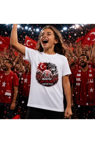 Bk Gift Kişiye Özel Türkiye Taraftar Temalı 2026 Dünya Kupası Tasarımlı Çocuk Tişört-4, Tek Yürek Milli Takım Ruhu Beyaz