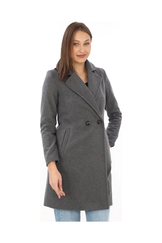 Kadın Kaşe Kaban Siyah Yünlü Dokuma, Kruvaze Yaka, Astarlı, Cepli, Kuşaklı Uzun Boy Tesettür Uyuml Füme