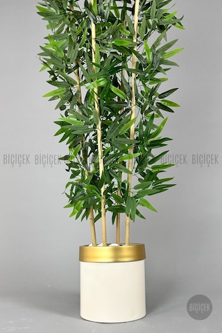 Biçiçek Yapay Bambu Ağacı 140cm Krem Gold Metal Saksıda