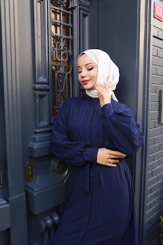 Kadın Lacivert Boydan Düğmeli Yarasa Kol Kuşaklı Lara Keten Uzun Tesettür Elbise Lacivert