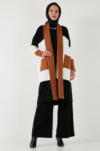 Lela Modest Regular Fit Renk Bloklu Uzun Tesettür Triko Bayan Hırka 4616172 Toprak