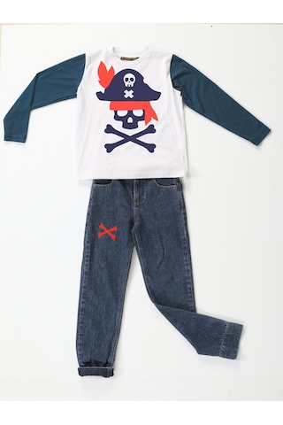 Casabony Korsan Denim Pantolon + T-Shirt Takım-Indigo - Beyaz İndigo - Beyaz
