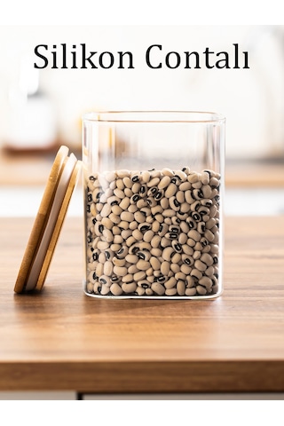 Porsima 5-3 Bambu Vakumlu Kapaklı Kare Borsilikat Cam 9lu Kavanoz Seti Saklama Kabı 750ml 7,5x15cm Ahşap - Şeffaf