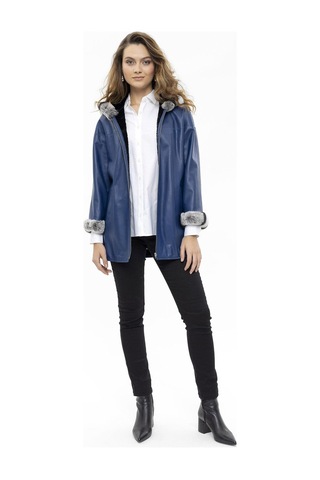 Mavi Perla Geniş Kesim İçi Kumaş Çift Taraflı Kapüşon Ve Kol Ağzı Kürklü Kadın Hakiki Deri Kaban-mavi Mavi