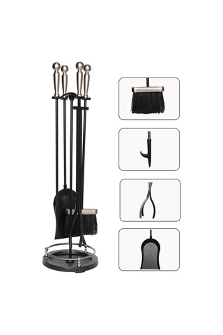 5 Li Premium İthal Döküm Gümüş Başlıklı Yuvarlak Şömine - Soba Maşa Takımı Aksesuar Seti