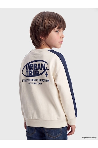 LC Waikiki Lcw Kids Bej Bisiklet Yaka Baskılı Erkek Çocuk Kalın Sweatshirt Lıght Beıge