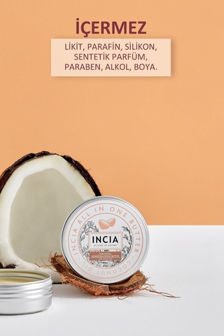 INCIA %100 Doğal Tüm Vücut İçin Butter Yoğun Nemlendirici Krem Hindistan Cevizli Organik Vegan 50 ML