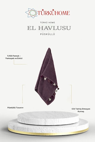 Püsküllü Yumuşak Pamuk Havlu Yüksek Emicili El Havlusu 50x90 Cm Mor
