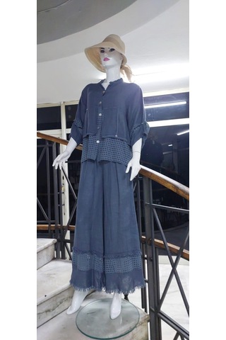 Bohem Stil İtalyan Fisto Detaylı Keten Pantolon Ceket Takım-9196 Gri