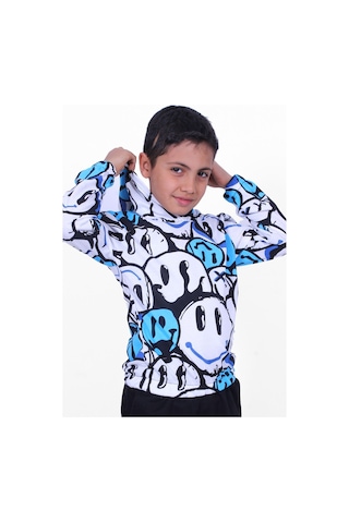 Panios Kids Mavi Emoji Desenli Kapüşonlu Unisex 2 Iplik Sweatshirt Mavi
