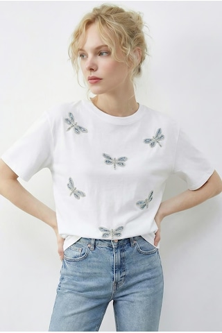 Shade Kadın Boncuk Taş İşlemeli Yusufçuk Desenli Rahat Kalıp T-shirt 2212 60283971 - Beyaz