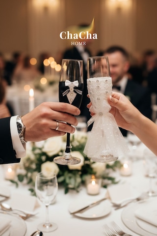 Chacha Home Lüks Düğün Temalı Gelin Damat Kadehi Beyaz - Gri - Siyah