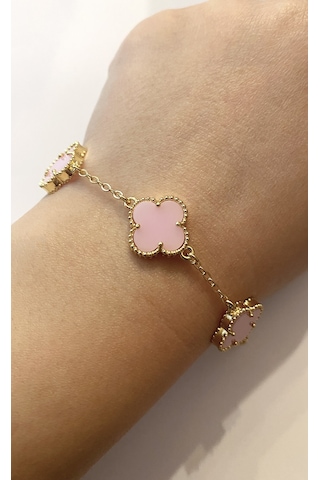 Kadın Pembe Renk Yonca Model Çelik Bileklik Gold