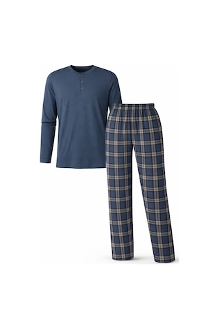 Mutlu City Erkek Mevsimlik Uzun Kollu 3 Düğmeli Ekose Alt Pijama Takımı 16649 İndigo