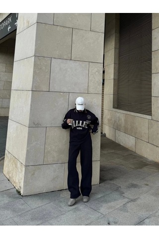 Defymoda Üç İplik Yakalı Sweat Baggy Pantalonlu Takım - Siyah Siyah