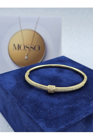 Zirkon Taşlı Gold Renk Kelepçe Çelik Bileklik Altın