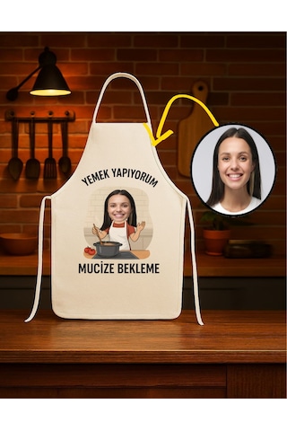 Kişiye Özel Karikatür Fotoğraflı Mutfak Önlüğü Mucize Bekleme Krem