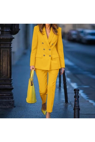 Zanzea Kadın Blazer Ve Pantolon Rahat İki Parça Takım Elbise Seti Sarı