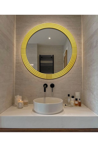 Led Işıklı Safir Altın Dekoratif İşlemeli Banyo Duvar Aynası 43 Cm Altın