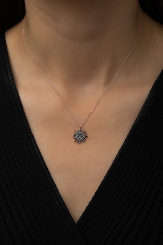 Siyah Taşlı Güneş Kolye, Rodyum Kalemli Rose Gold Kaplama 925 Ayar Gümüş