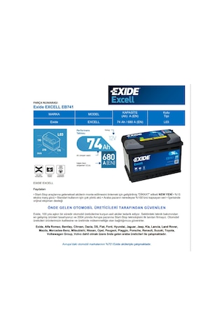 Exide 12V 74Ah 680Cca Excell (72Ah Kutu)-Exide / 552778591