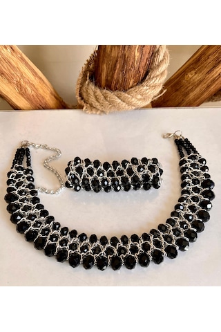Siyah Kristal Taşlı Türk El Yapımı Gerdanlık Kolye Ve Bilezik Set Siyah