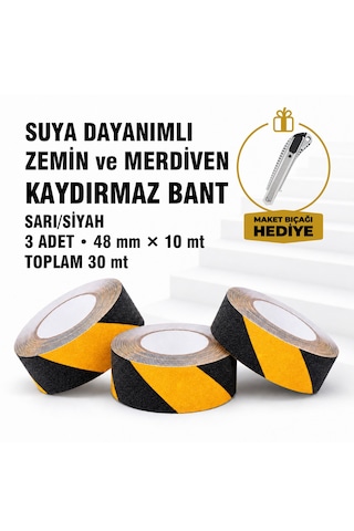 Suya Dayanımlı Sarı / Siyah Kaydırmaz Bant 48 Mm X 10 Mt 3 Lü Set Maket Bıçağı Hediyeli