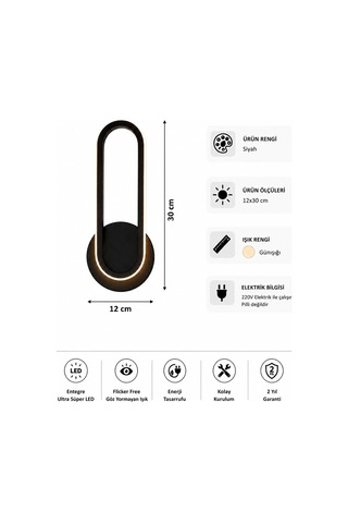 AvizeGO Haris Modern Led Duvar Apliği Günışığı Siyah
