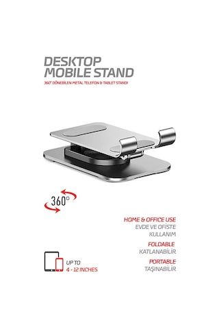 Powerway Dms33 360 Derece Dönebilen Full Metal Katlanabilir Masaüstü Telefon Standı Metal Gri
