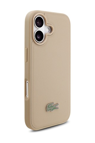 Apple Uyumlu iPhone 17 Kılıf Lacoste Lisanslı M-safe Özellikli Pu Pike Desenli Metal Logolu Kartlıklı Kapak Bej Bej