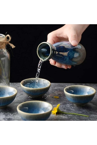 Uziqueif Japon Sake Seti, 5 Parça El Boyaması Seramik Sake Servis Seti, 4 X 30 Ml Bardak + 1 X 130 Ml Tencere Servis Setleri Lacivert