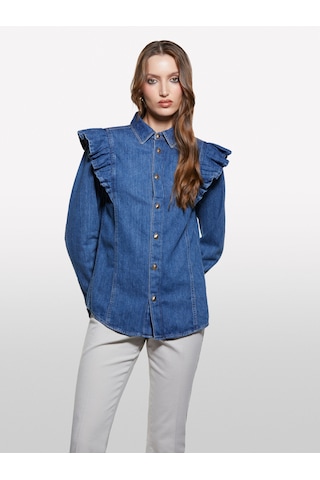 Sisley %100 Pamuk Fırfır Detaylı Denim Gömlek Kadın Haki Yeşili Gömlek - 325a53gelq09n