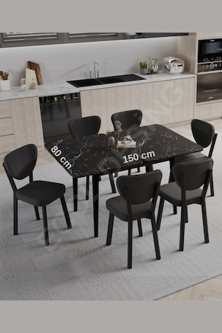Faymend 6lı, Açılır, Döner, Mutfak Masası Takımı, Yemek Masası, Kapalı Ölçü: 75x80 Cm - Açık Ölçü: 80x150 Cm Siyahmermer