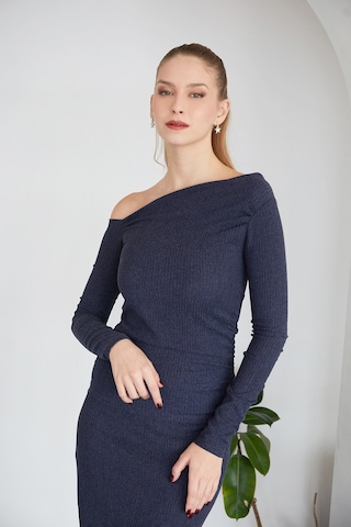 Fullamoda Bürümcük Kumaş Drapeli Kayık Yaka Bluz 25ygb650128140-indigo Indigo