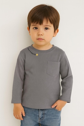 Luess Unisex Çocuk Happiness Nakışlı Cepli Fitilli Kaşkorse Tişört Antrasit