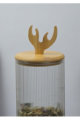 Boynuz Desenli Cam Kavanoz - Bambu Kapaklı Borosilikat Cam Kavanoz - 33 Cm - Yuvarlak