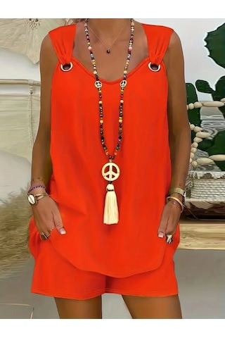 Modasize Kadın Kolsuz V Yaka Kuş Gözü Detay Bluz Short Aerobin Ikili Takım Turuncu