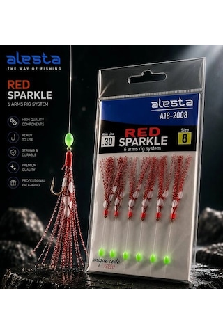 Alesta Red Sparkle Rıg X0225 6 Köstek Hazır Takım 0.30mm No:8 İğne
