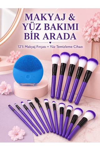 Makyaj Ve Yüz Bakım Seti 12 Li Mor Makyaj Fırçası Silikon Yüz Tem
