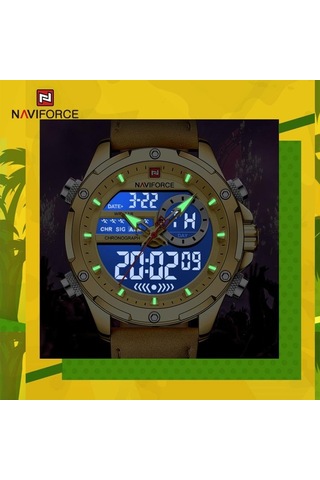 Naviforce Nf9208 Çift Ekran Kuvars Analog Lcd Dijital Erkek Saat Deri Kayış Gümüş - Yeşil