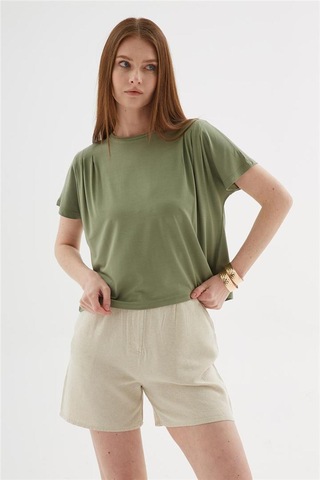 Dökümlü Viskon Crop Bluz Haki Haki
