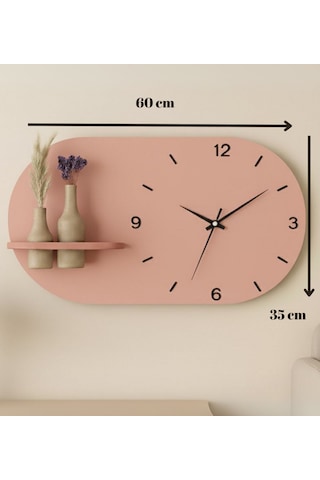 Modern Tasarım Raflı Nera Duvar Saati 60x35 Somon