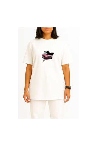 Bahriyeli Collection Oversize Mercedes W124 Classic Araba Göğüs Baskılı Unisex T-shirt Beyaz