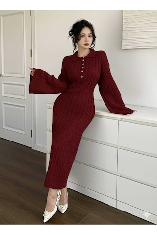 Sayzen Your Shine Gömlek Yaka Düğmeli Saç Örgülü Triko Elbise Sy-2515 Bordo