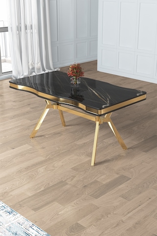 Canisa Prah Serisi 90x160 Lak Panel Sonata Gold Ayak Masa Takımı Ve 6 Siyah Sandalye Siyah Mermer Masa Siyah Sandalye Gold Detay