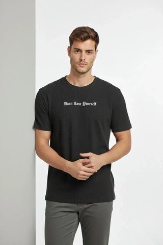 Valensdesign Erkek Wafıl Kumaş Tişört Regular Kalıp Bisiklet Yaka Baskılı Günlük Basic T-shirt - Siyah