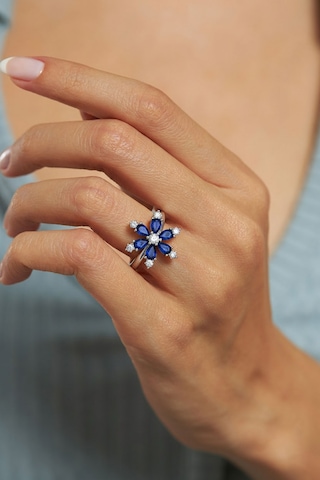 925 Ayar Safir Taşlı Rodyum Lotus Çiçeği Ayarlanabilir Gümüş Yüzük Rr10026 Gümüş